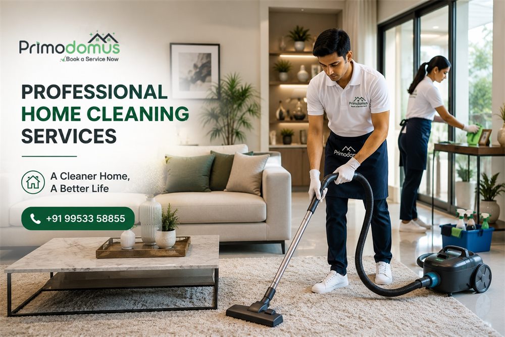 Professional home cleaning team cleaning a modern residential home with advanced cleaning equipment